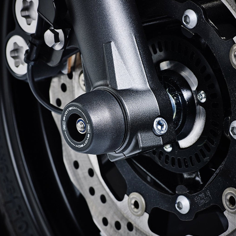 The front wheel of the Yamaha MT-07 Moto Cage with Spindle Bobbins crash protection fitted, one part of the EP Spindle Bobbins Paddock Kit.