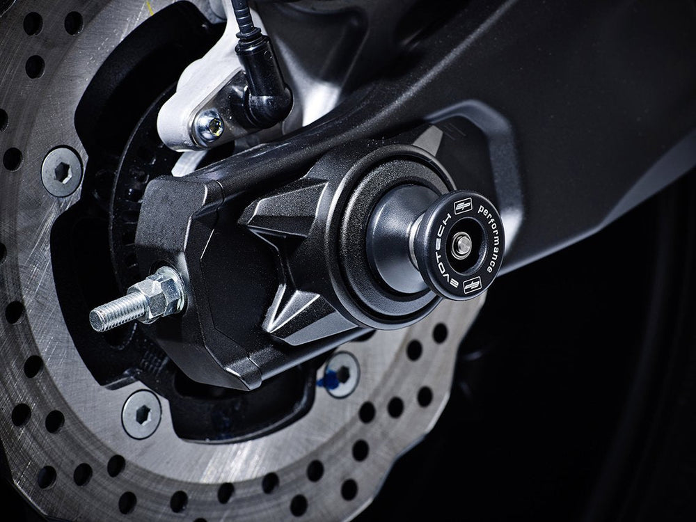 
                  
                    EP Paddock Stand Bobbins installed into the rear wheel of the Yamaha MT-07, one part of the EP Spindle Bobbins Paddock Kit. 
                  
                