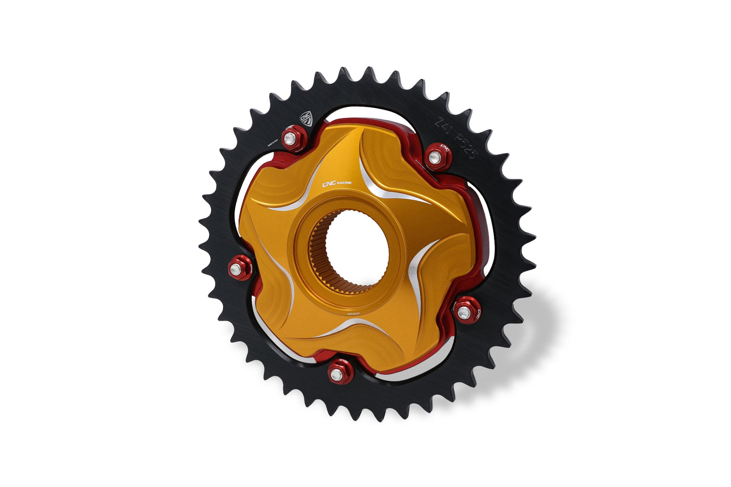 Achtertandwieldrager Bicolor MV Agusta Dragster 800 RC E4 (2017-2020) tandwieldrager CNC Racing voorbeeldfoto goud-zilver met tandwiel en moeren