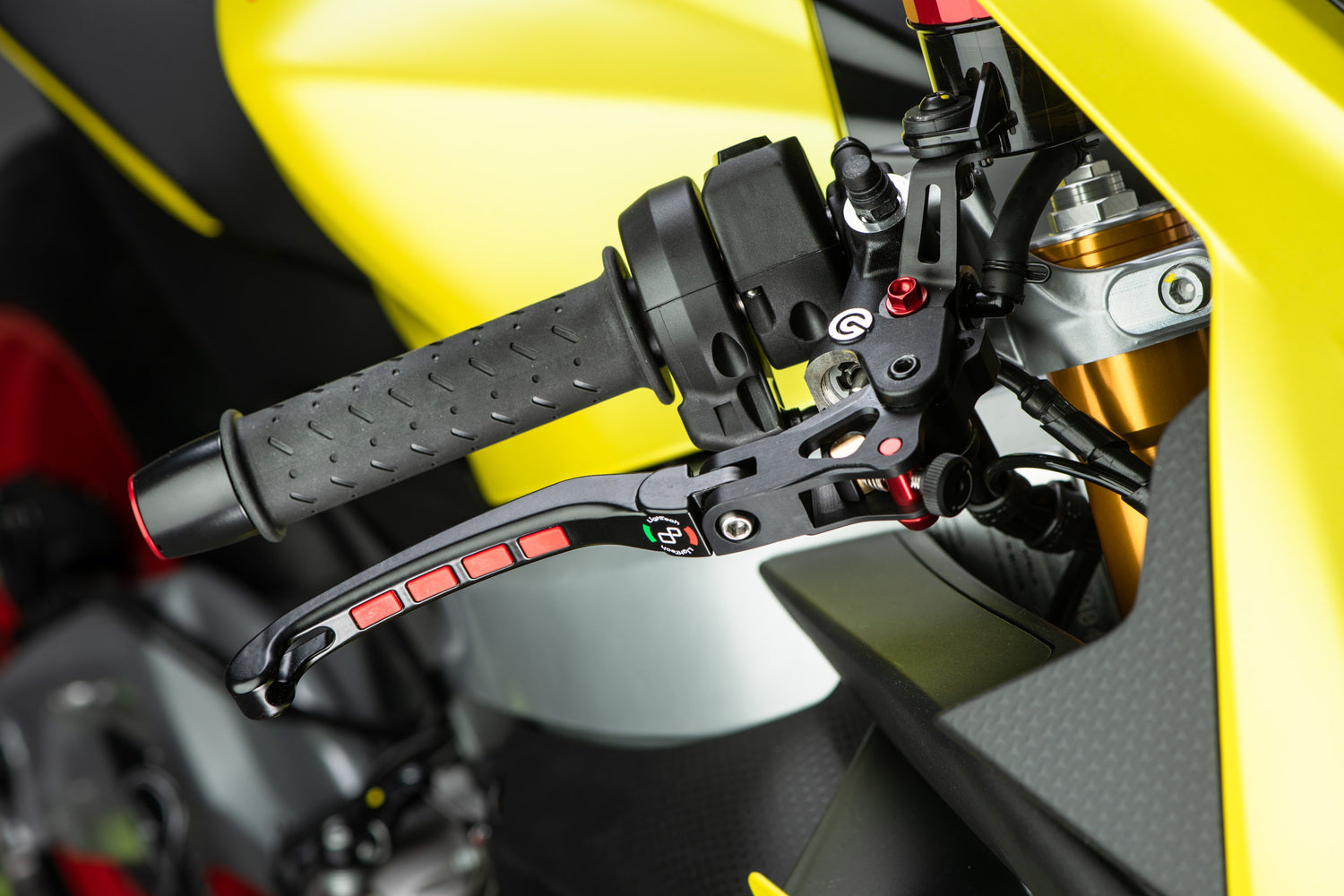 Lightech Alien magnesium opklapbare rem- en koppelingshendel set - Aprilia RS 660 (2025+) remhendel vooraanzicht incl optionele rode inserts