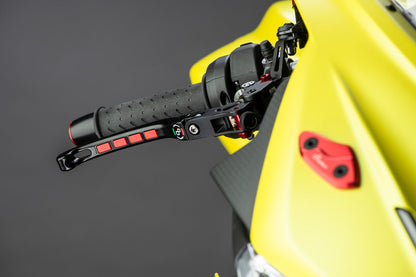 Lightech Alien magnesium opklapbare rem- en koppelingshendel set - Aprilia RS 660 (2025+) remhendel vooraanzicht incl optionele rode inserts