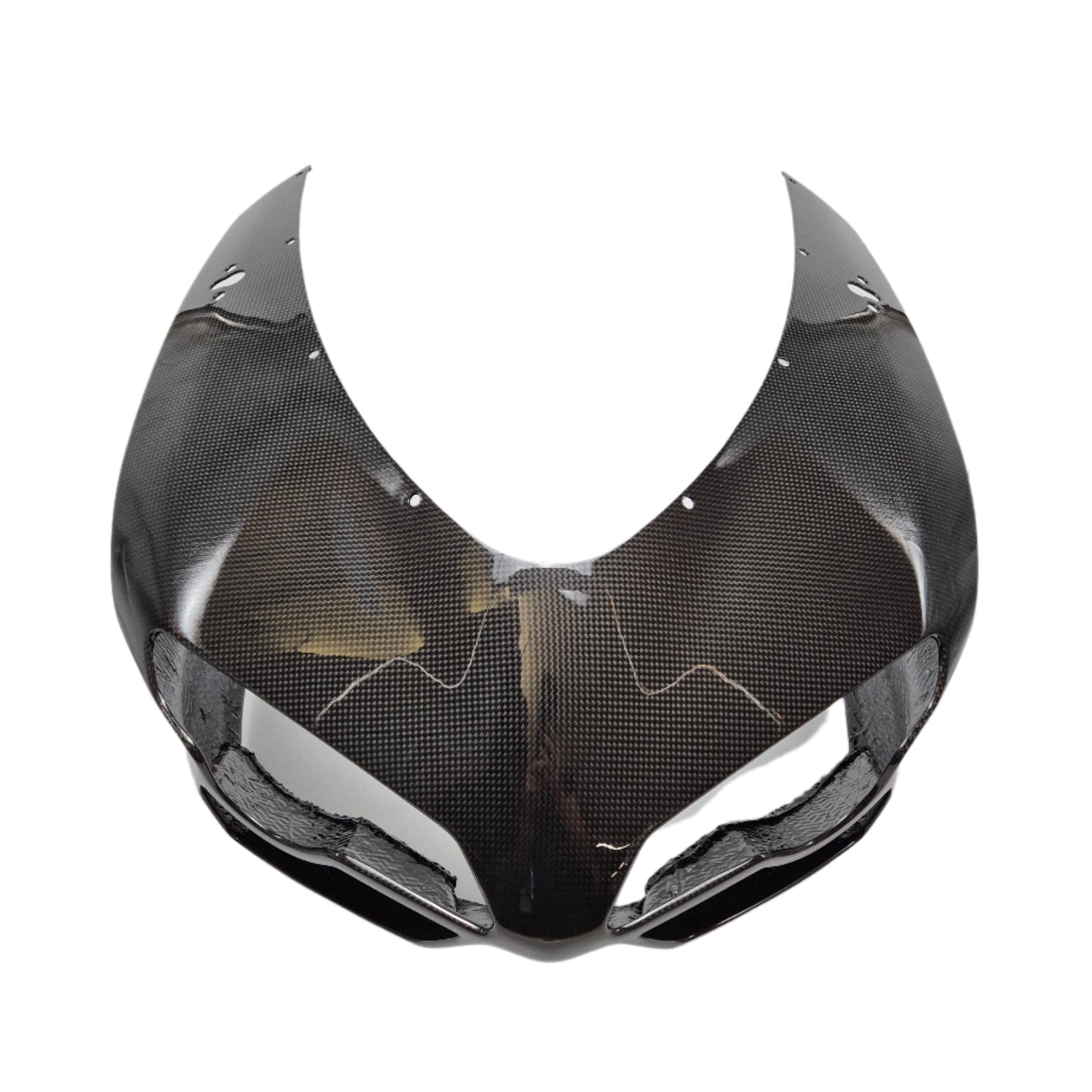 Vooraanzicht van de FullSix Carbon Headlight Fairing Strada gemonteerd op een Ducati 1098, met glanzende plain carbon afwerking en perfecte pasvorm rond de koplamp.