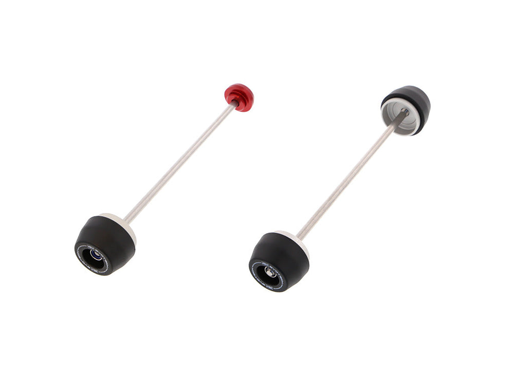 
                  
                    EP Spindle Bobbins Kit for the Aprilia RSV4 includes rear spindle rod with one bobbin and one anodised red hub stop (left component) and front fork protection spindle rod with two EP nylon bobbins (right component).
                  
                