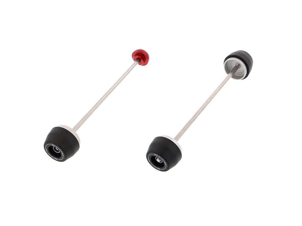 
                  
                    EP Spindle Bobbins Kit for the Aprilia Tuono V4 includes rear spindle rod with one bobbin and one anodised red hub stop (left component) and front fork protection spindle rod with two EP nylon bobbins (right component).
                  
                