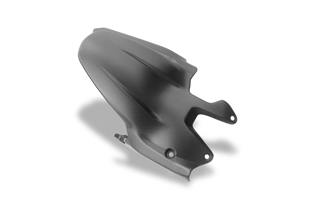 Achteraanzicht van CNC Racing ZA222Y mat carbon achterspatbord Streetfighter V2 en Monster V2