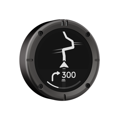 Beeline Moto 2 navigatiesysteem gun-metal-grey rand schuine hoek weergave met route en bochtinstructies