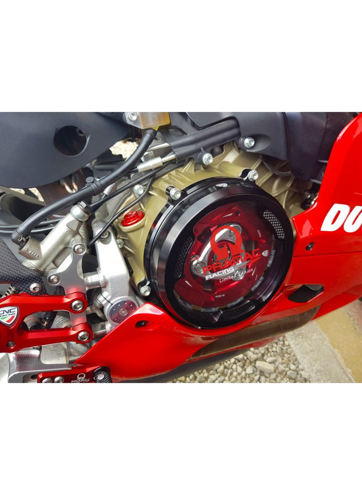 
                  
                    Clear oil bath clutch cover with carbon fiber inlay for Ducati Panigale Pramac Racing Lim. Ed.
                  
                