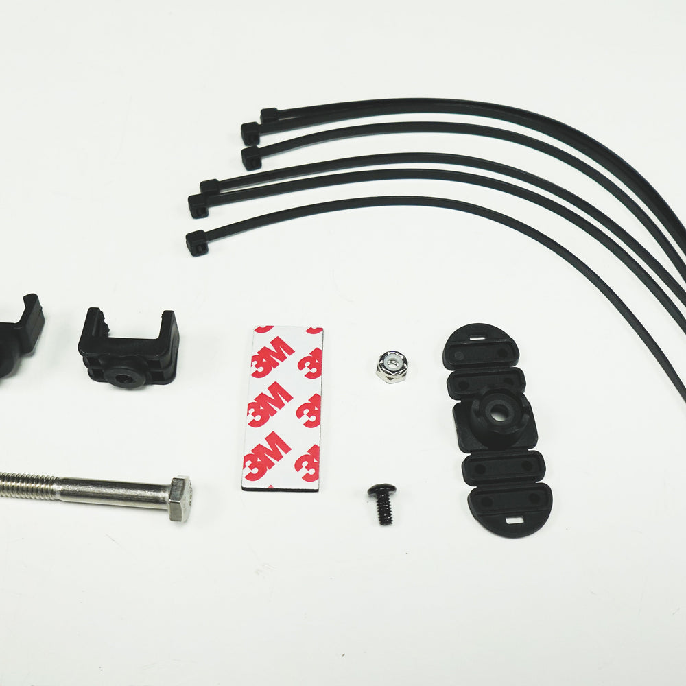 
                  
                    The full kit from Evotech Motorcycle USB Charger for the includes a range of fitting accessories for the rider to adapt the motorcycle part to their preferred mounting point. 
                  
                