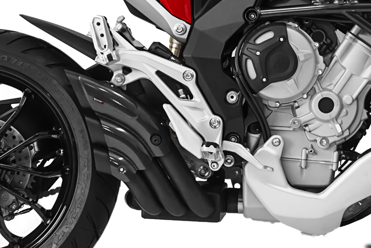 Detail van de carbon cover en zwarte Cerakote afwerking van de HP Corse Hydrotre uitlaat