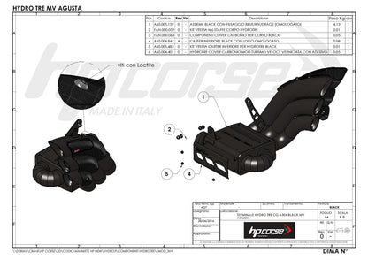 Technische tekening van de HP Corse Hydrotre Black Carbon uitlaat voor MV Agusta Turismo Veloce