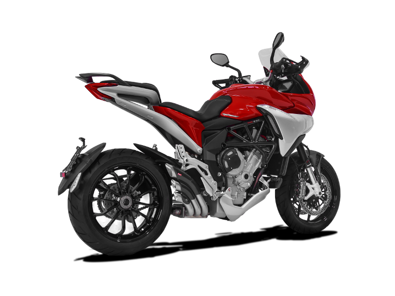 Achteraanzicht van HP Corse Hydrotre Satin Carbon uitlaat op MV Agusta Turismo Veloce