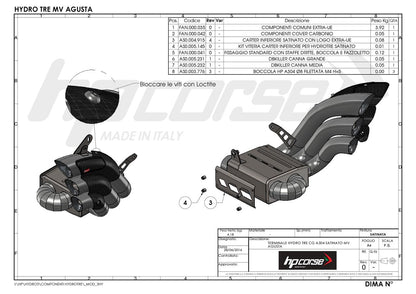 Technische tekening van de HP Corse Hydrotre Satin Carbon uitlaat voor MV Agusta Turismo Veloce