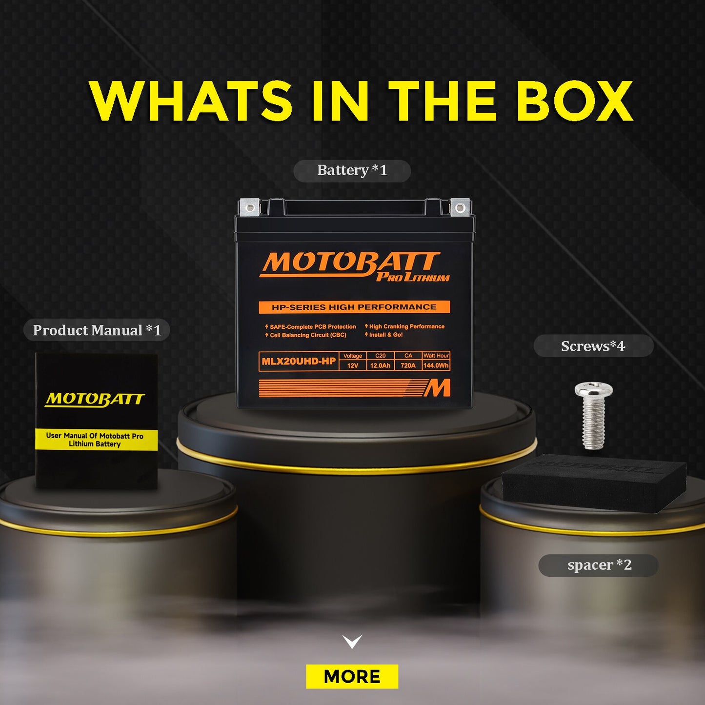 Inhoud verpakking Motobatt MLX20UHD-HP accu inclusief spacers, schroeven en handleiding
